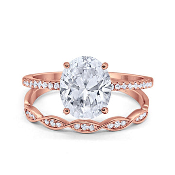 14K Rose Gold Two Piece Oval Wedding Ring Bridal Set Band Engagement Simulated CZ Size-7